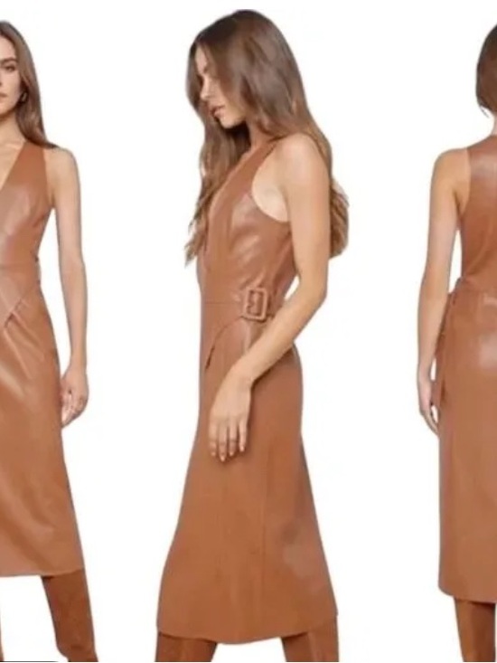 L'AGENCE Dresses & Skirts - L'AGENCE Tan Faux-Leather Midi Dress with Side Buckle